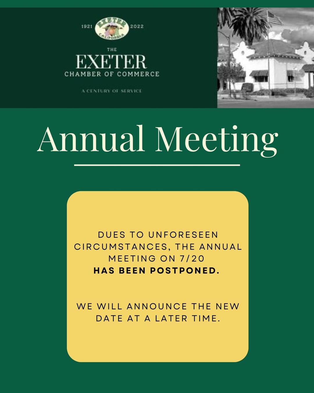 Dues to unforeseen circumstances, the Annual Meeting on 7/20 has been postponed….