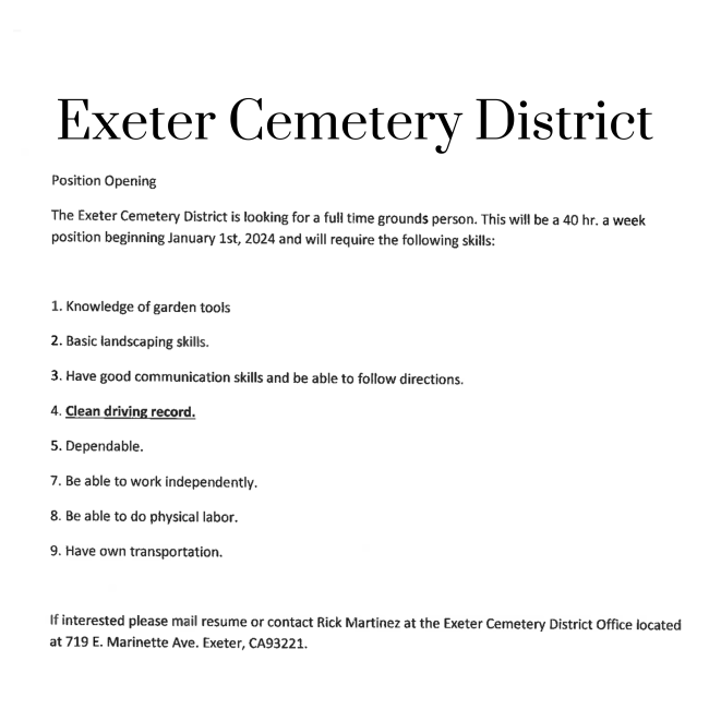 Exeter Cemetery District Grounds Person
