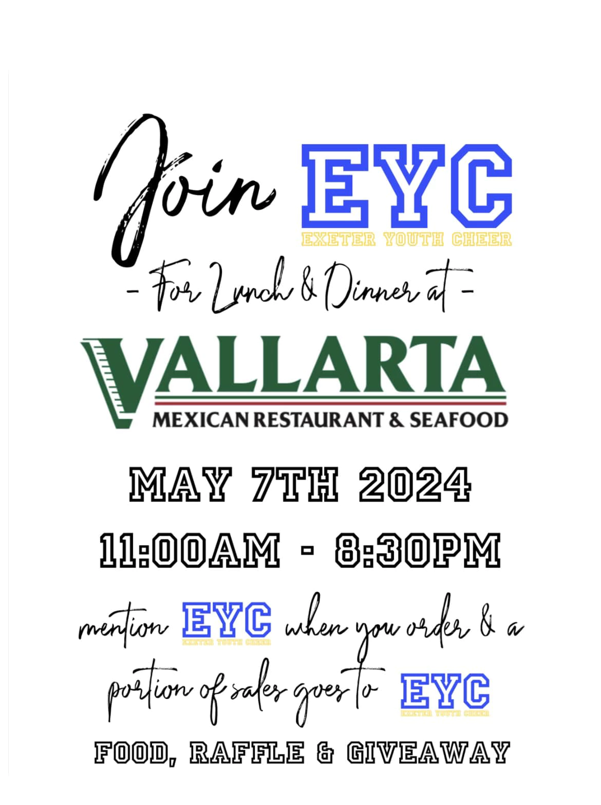 Mention EYC when you order and a portion of sales goes to benefit Exeter Youth Cheer.