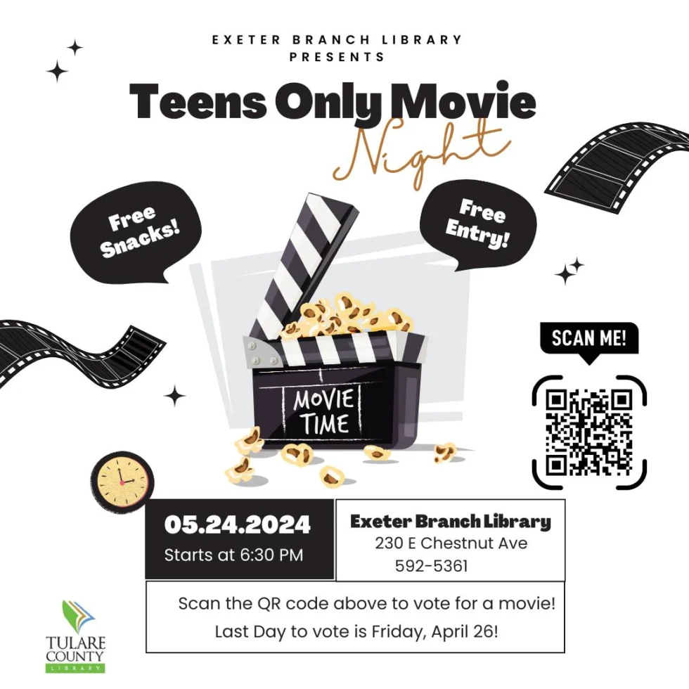 Teen Movie Night flyer and information. Scan QR code to vote